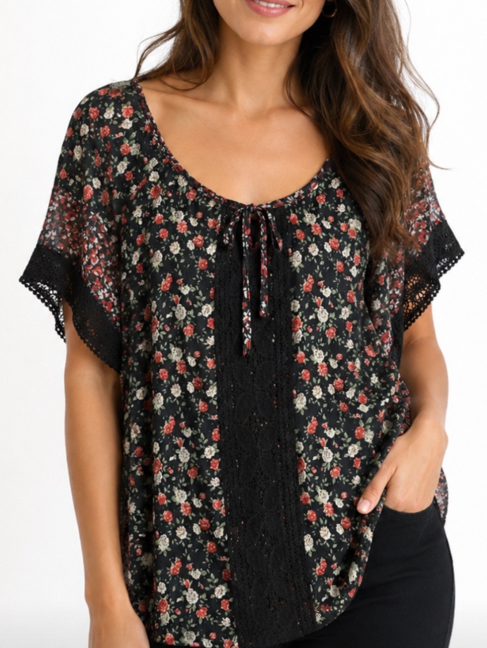 Suzanne Betro Black Floral Tie-Neck Tunic with Red & Cream Roses 1X